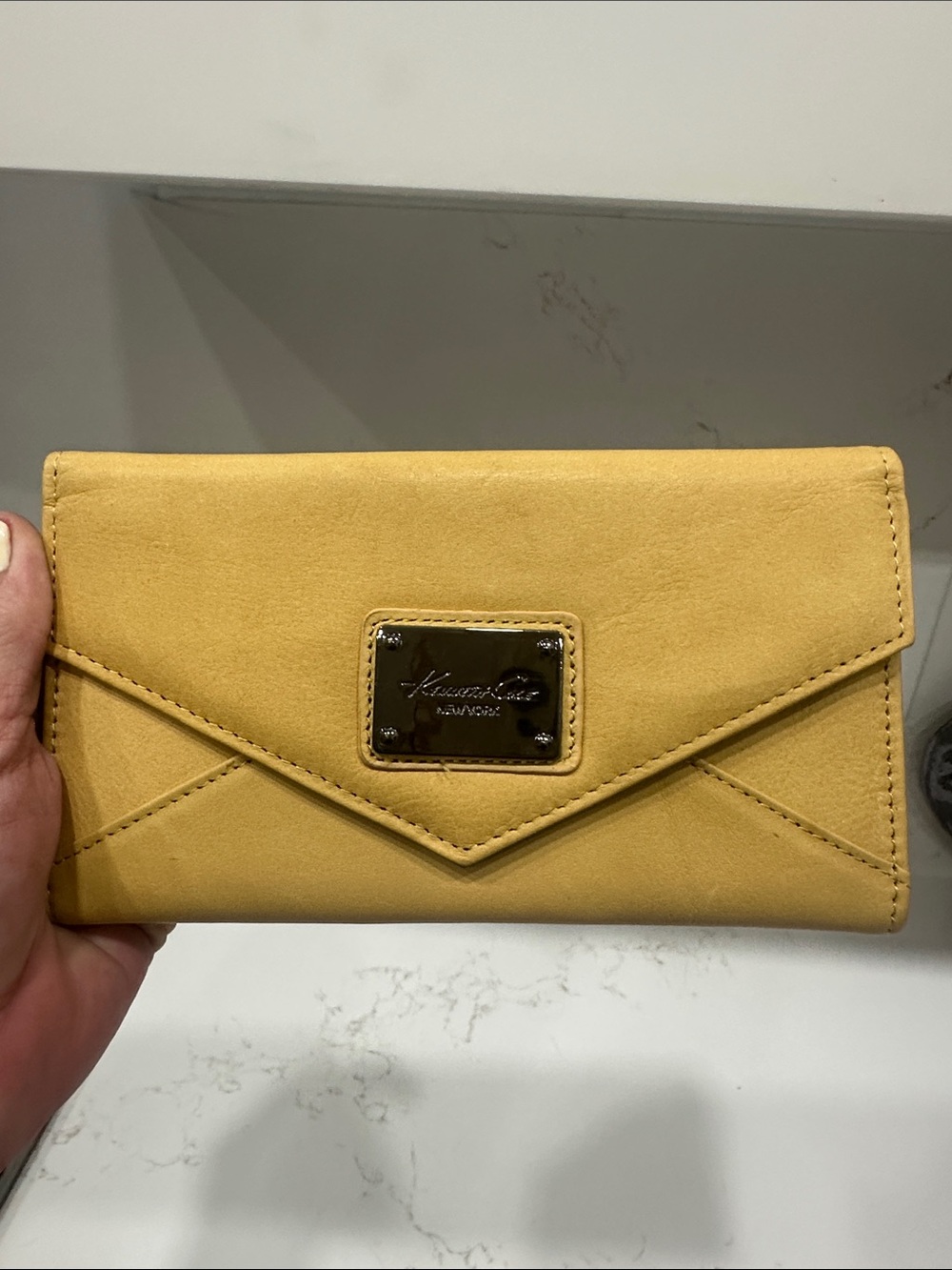 Kenneth Cole Genuine Leather Mustard Envelope Wallet with Metal Logo Plaque